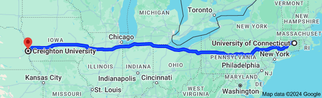 Map from University of Connecticut to Creighton University